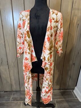 LuLaRoe Floral Cream and Coral Lightweight Open Front Cardigan